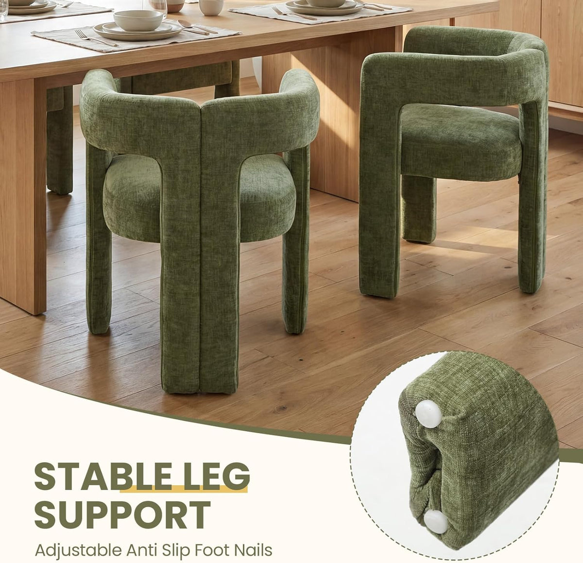 VESCASA Modern Barrel Dining Chairs Set of 2 with Open Back, Chenille Upholstered Accent Kitchen Armchairs with Wood Legs for Dining Room Reception Small Space, Green