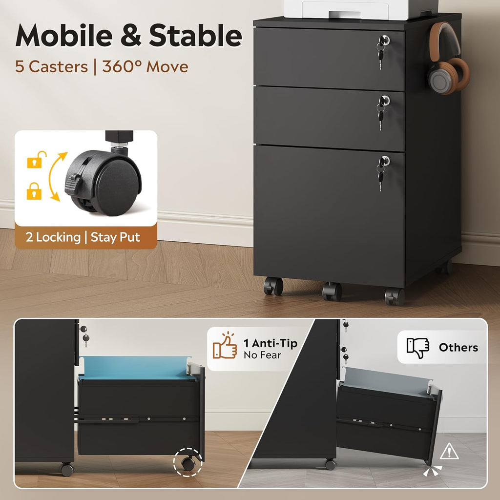 DEVAISE 3 Drawer File Cabinet with Individual Locks, Wood Filing Cabinet for Home Office, Mobile Printer Stand with Wheels, Under Desk Storage for Letter/A4/Legal Size, Black