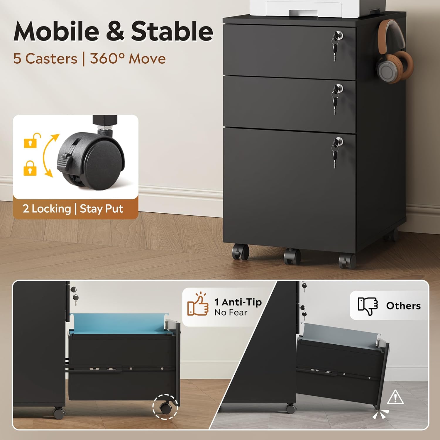 DEVAISE 3 Drawer File Cabinet with Individual Locks, Wood Filing Cabinet for Home Office, Mobile Printer Stand with Wheels, Under Desk Storage for Letter/A4/Legal Size, Black