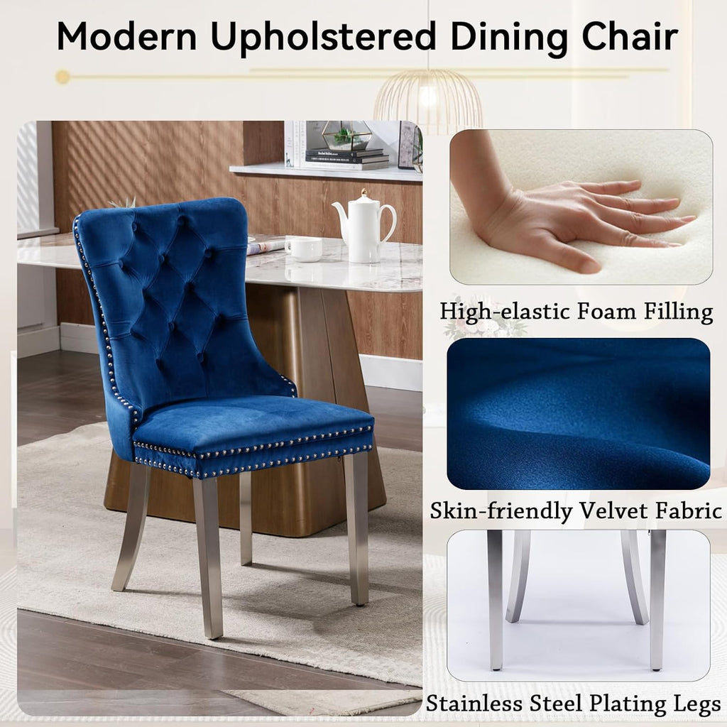 7 Piece Marble Dining Table Set for 6, 69.3" White Silver Kitchen Table with 6 Blue Chairs,Modern Rectangle Dinner Table and Chairs Set with U-Shaped Stainless Steel Base for Dining Room
