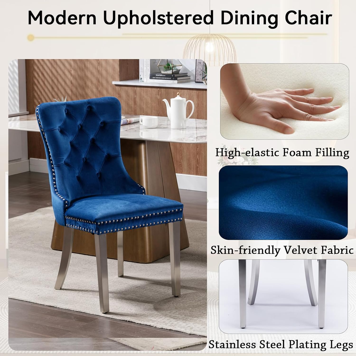 7 Piece Marble Dining Table Set for 6, 69.3" White Silver Kitchen Table with 6 Blue Chairs,Modern Rectangle Dinner Table and Chairs Set with U-Shaped Stainless Steel Base for Dining Room