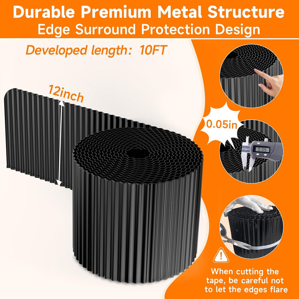 Corrugated Garden Edging, 12"×10Ft Galvanized Steel Landscape Edging & Lawn Edging Border, Metal Garden Border for Flower Beds, Garden，Lawn，Raised Beds & Tree Surrounds (Black)