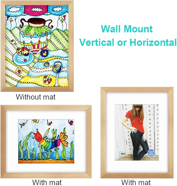 RPJC 11x14 inch Picture Frame Made of Solid Wood and High Definition Glass Display Pictures 8x10 with Mat or 11x14 Without Mat for Wall Mounting Photo Frame Natural