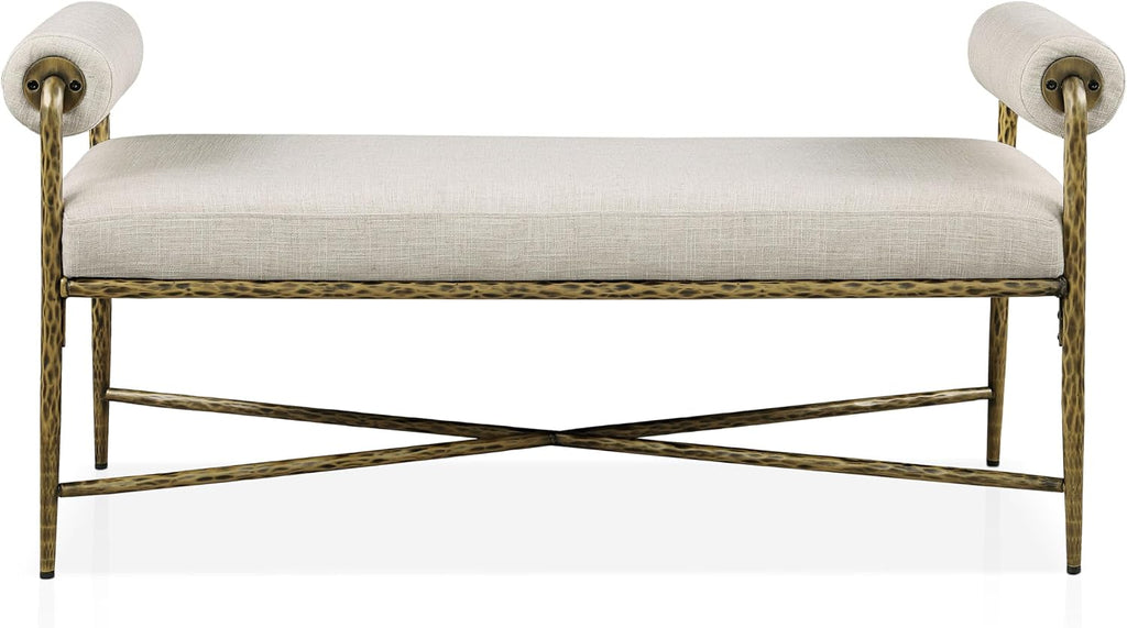 24/7 Shop at Home Lalia Upholstered 48-inch Metal Bench with Padded Roll Arms, Beige Fabric Seat, Hammered Forged Steel Frame, Modern Bedroom or Entryway, Matte Gold
