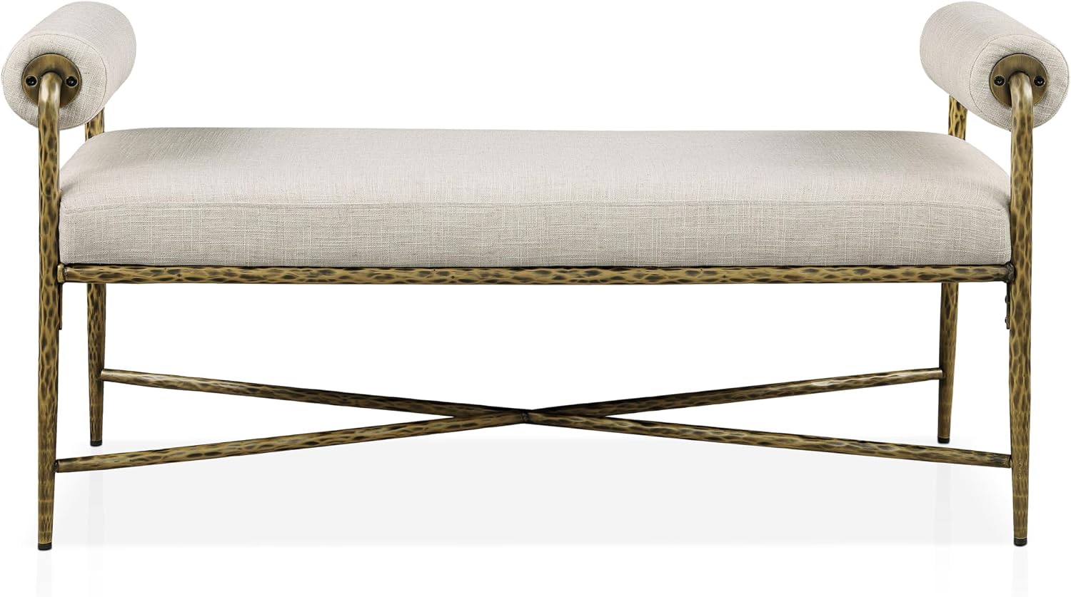 24/7 Shop at Home Lalia Upholstered 48-inch Metal Bench with Padded Roll Arms, Beige Fabric Seat, Hammered Forged Steel Frame, Modern Bedroom or Entryway, Matte Gold