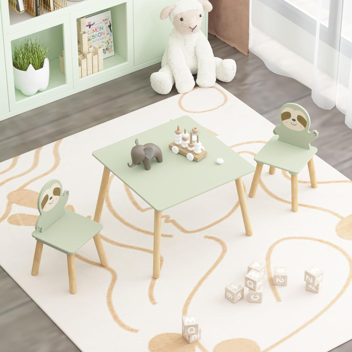 Kids Table and Chair Set with 2 Sloth Chairs 23.6" x 23.6" x 17.3" Solid Wood Table & Chairs in Sage Green & Natural Wood