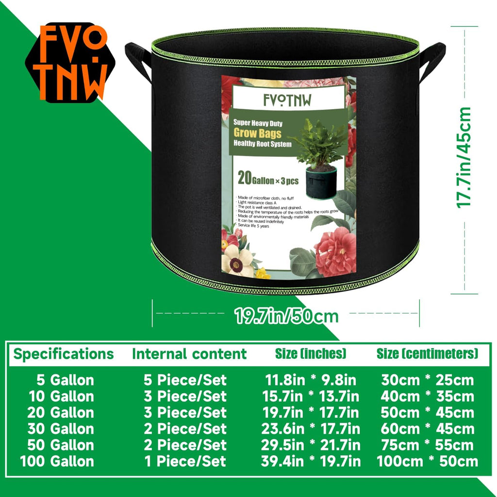 3-Pack 20 Gallon Grow Bags, Thickened Nonwoven Fabric Pots with Handles,Durable Garden Planters Aeration Gardening Container to for Plants, Vegetables, and Flowers