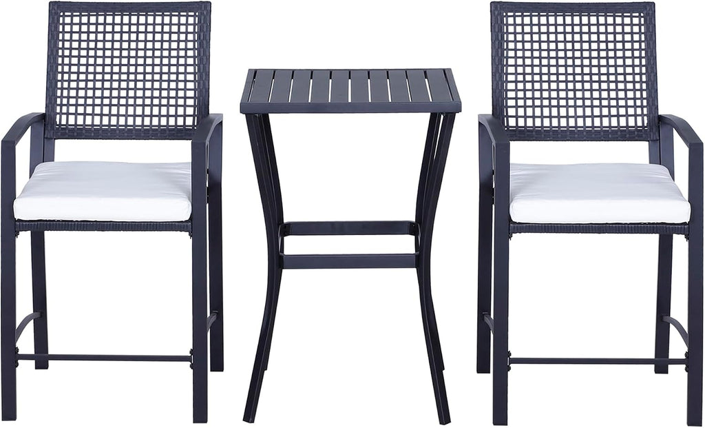 Patio Bar Set, 3 PCS Rattan Wicker Outdoor Furniture Set with Cushioned Stools and Table, Backyard Bistro Dining Set for Lawn Deck Poolside Porch Garden