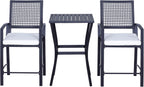 Patio Bar Set, 3 PCS Rattan Wicker Outdoor Furniture Set with Cushioned Stools and Table, Backyard Bistro Dining Set for Lawn Deck Poolside Porch Garden