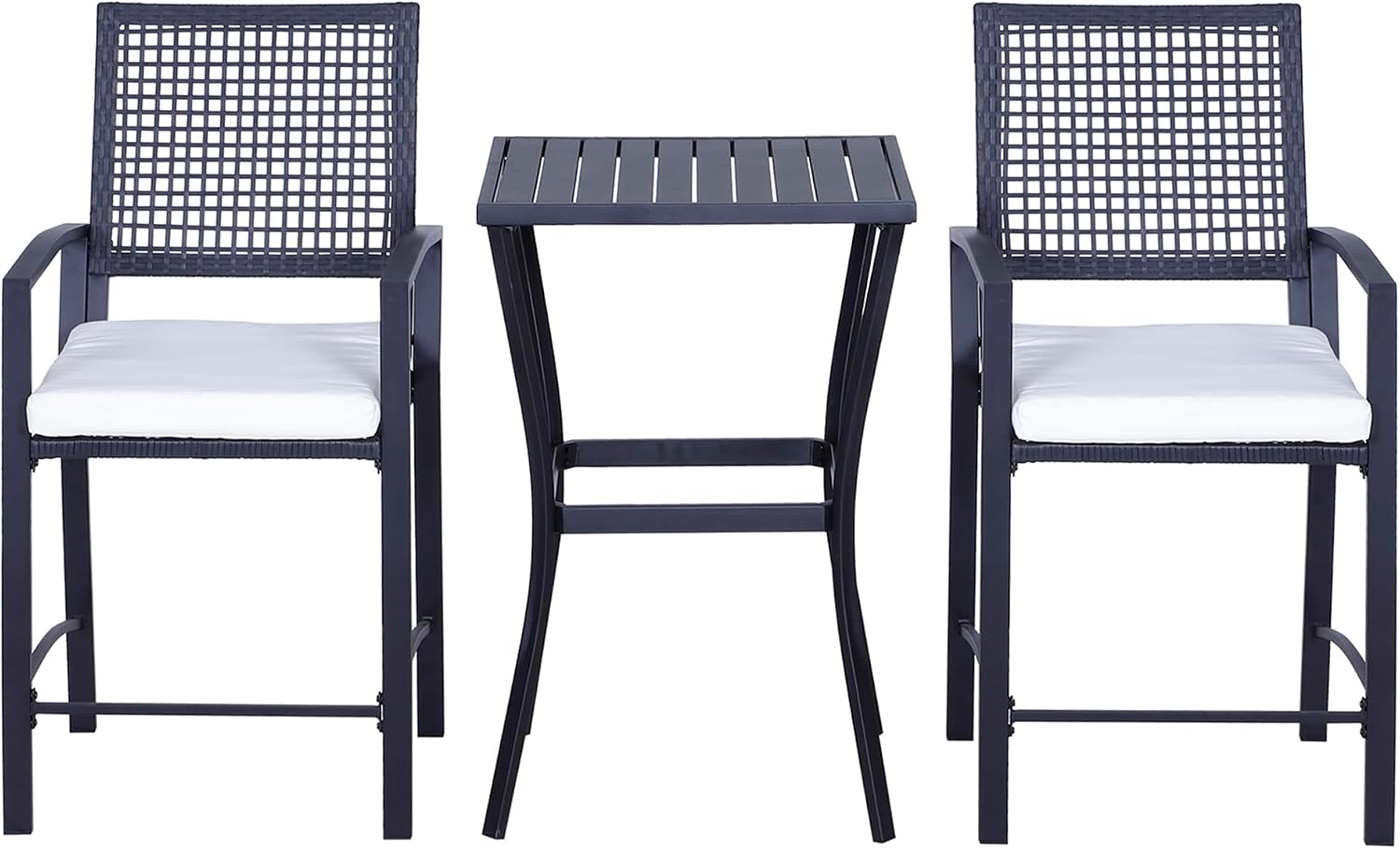 Patio Bar Set, 3 PCS Rattan Wicker Outdoor Furniture Set with Cushioned Stools and Table, Backyard Bistro Dining Set for Lawn Deck Poolside Porch Garden