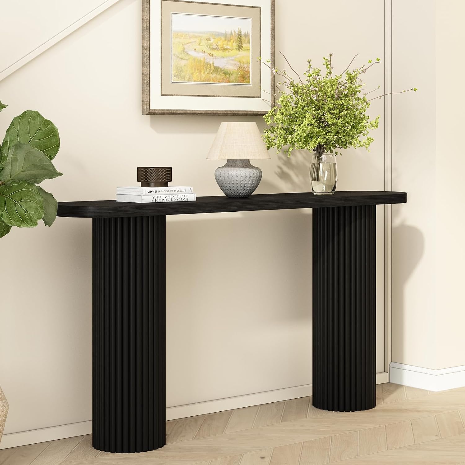 55" Fluted Console Table with Solid Wood Legs, Long Farmhouse Entryway Table with Rounded Corners, Morden Sofa Tables Behind Couch for Foyer, Entrance, Living Room, Hallway