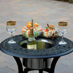 Darlee Nassau 5 Pc Cast Aluminum Seating Set w/ 24 Inch Series 60 Ice Bucket End Table & Reclining Chairs & Throw Pillows in Antique Bronze/Sesame