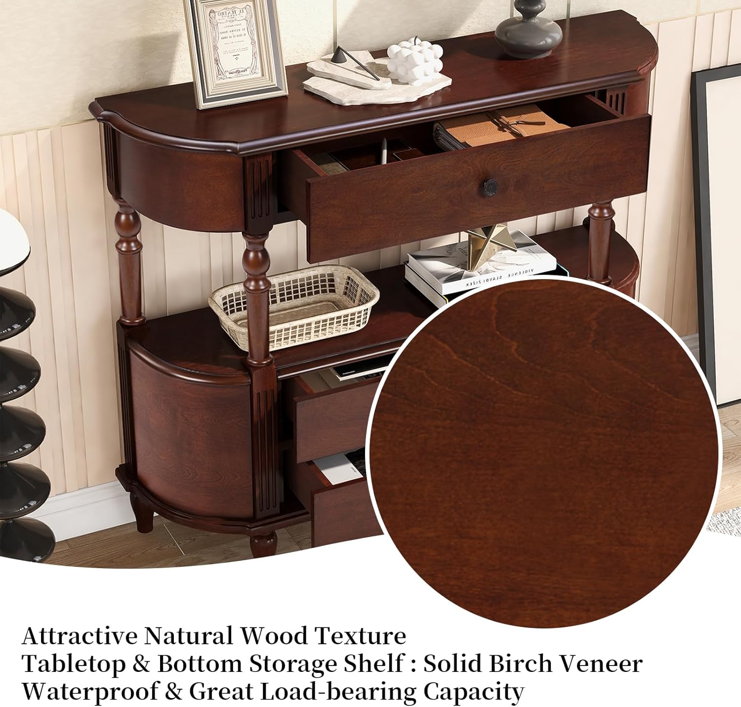 LKTART 43" Half Moon Console Table, Solid Wood Retro Curved Console Table Entryway Table Sofa Table with Solid Pine Roman Legs 3 Drawers 1 Open Shelf for Living Room,Foyer,Hallway(Cherry)