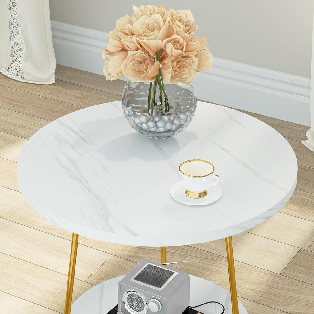 Tribesigns 2 Tier Round Side Table, Faux Marble End Table with Shelf, Small Gold Accent Nightstand for Living Room, Bedroom or Couch Side, White and Gold