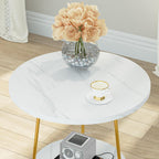 Tribesigns 2 Tier Round Side Table, Faux Marble End Table with Shelf, Small Gold Accent Nightstand for Living Room, Bedroom or Couch Side, White and Gold
