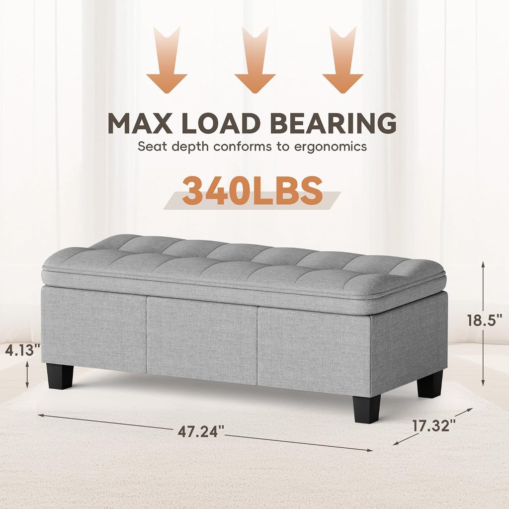 YESHOMY 47 Inches Ottoman with Storage, Light Grey Linen | Storage Bench with Legs, Ottomans for Living Room, Entryway, Adjustable & Movable, Easy Assembly