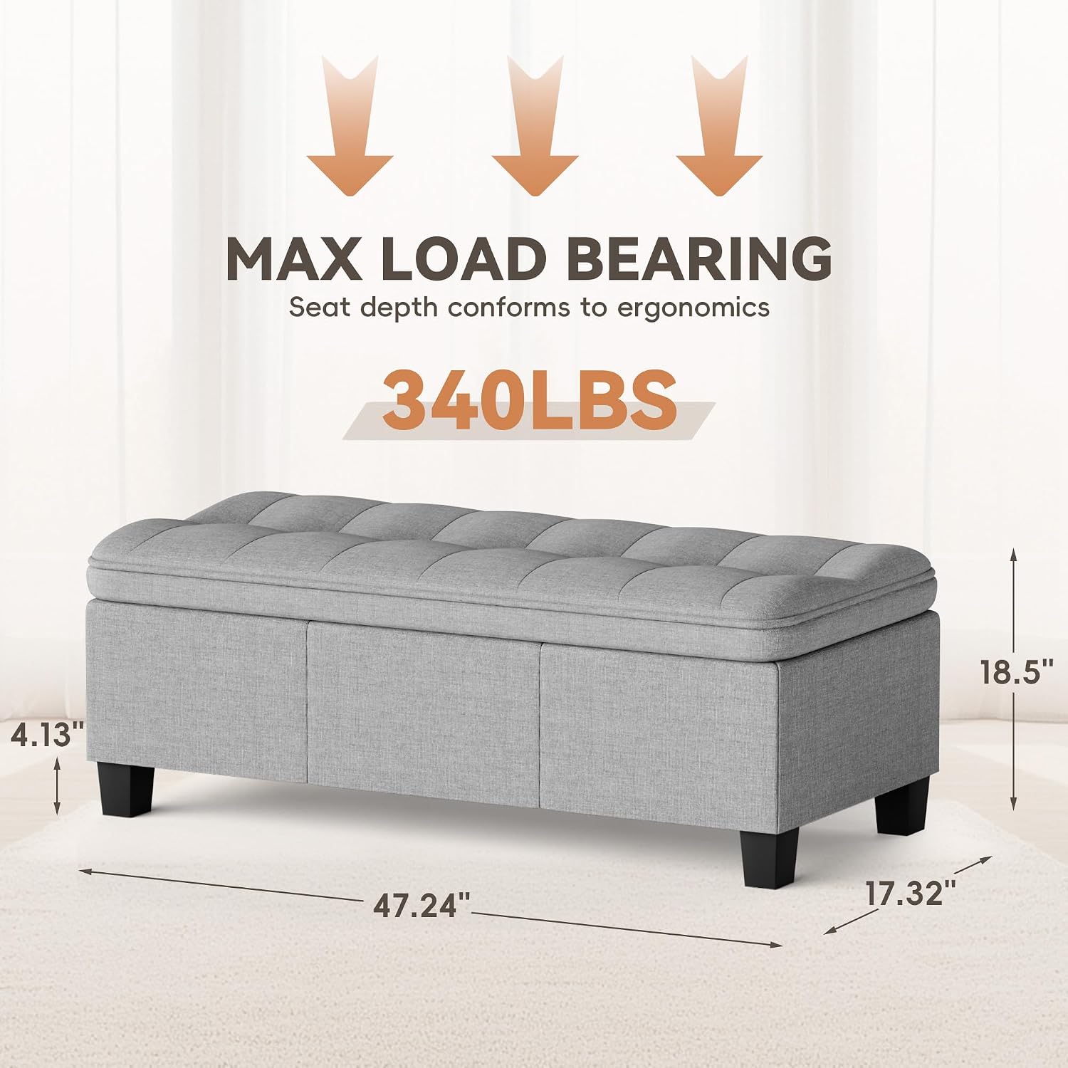 YESHOMY 47 Inches Ottoman with Storage, Light Grey Linen | Storage Bench with Legs, Ottomans for Living Room, Entryway, Adjustable & Movable, Easy Assembly