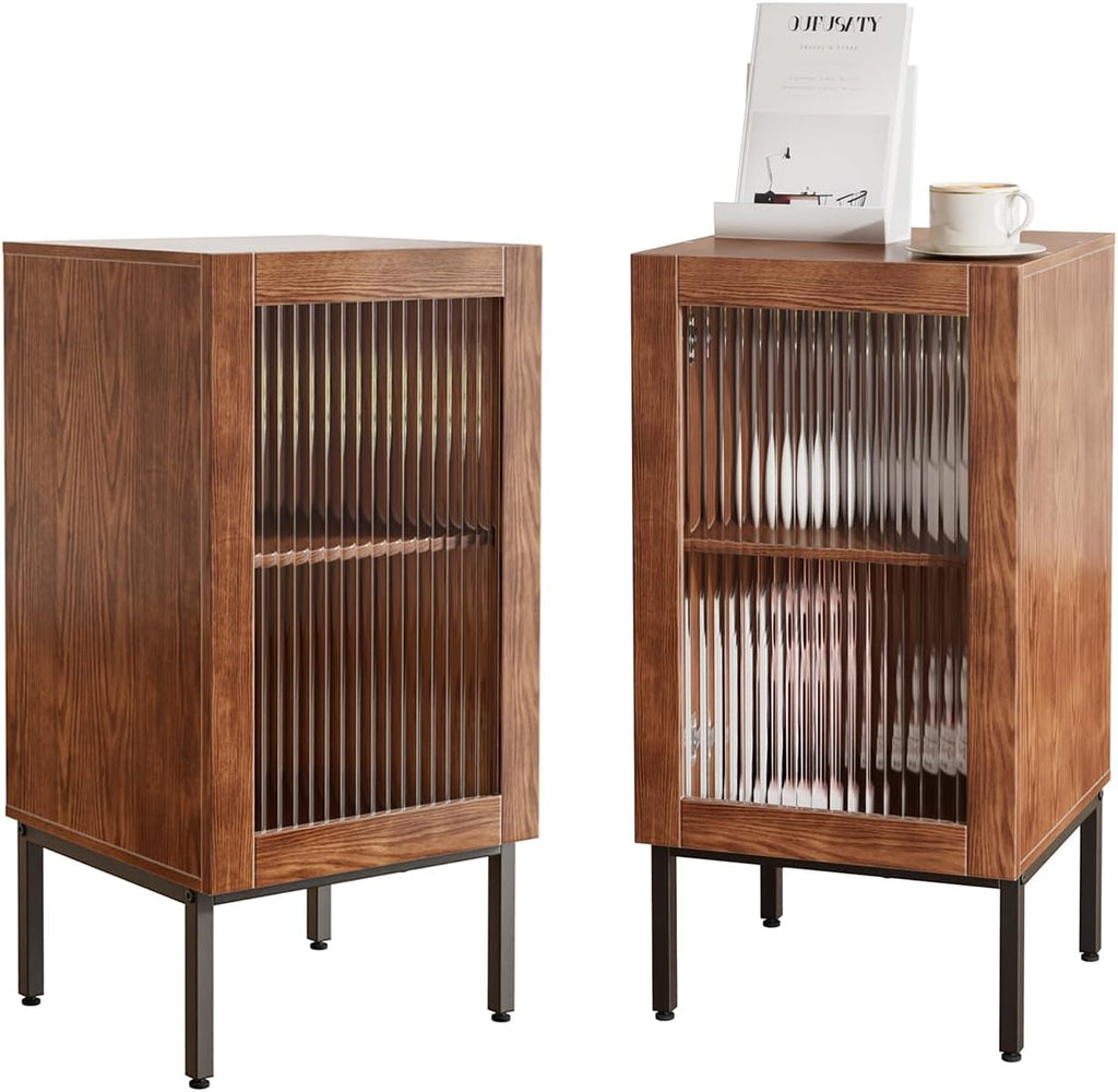 BVIUNTWO Set of 2 End Table, Farmhouse Sofa Table with Glass Door, Side Tables for Living Room, Bedroom, Brown