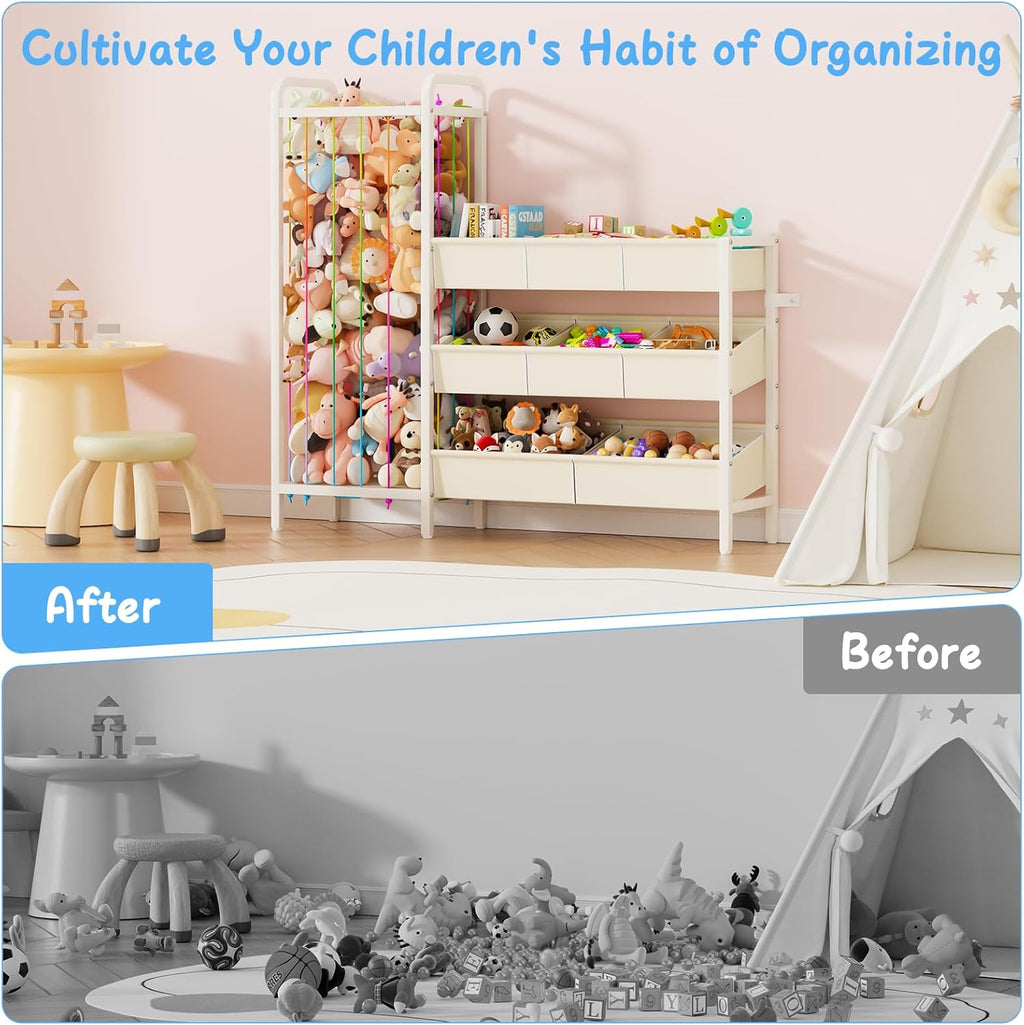 B6 Toy Storage Organizer with Stuffed Animal Storage, White | 3-Tier Wooden Shelves and 8 Bins, Toy Shelf Organizer, Kids Bookshelf and Toy Storage for Kids Room Bedroom Playroom Nursery
