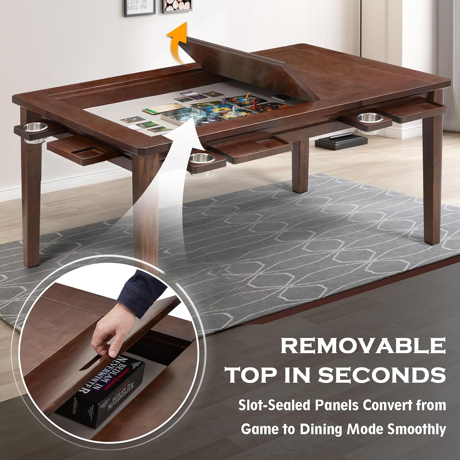 63"x39" Board Game Table with Removable Top Solid Wood Dining/Gaming Table | Gaming Table for 4-6 Players with Play Mat, 6 Detachable Cup Holders & 6 Hobby Trays (Black Walnut)