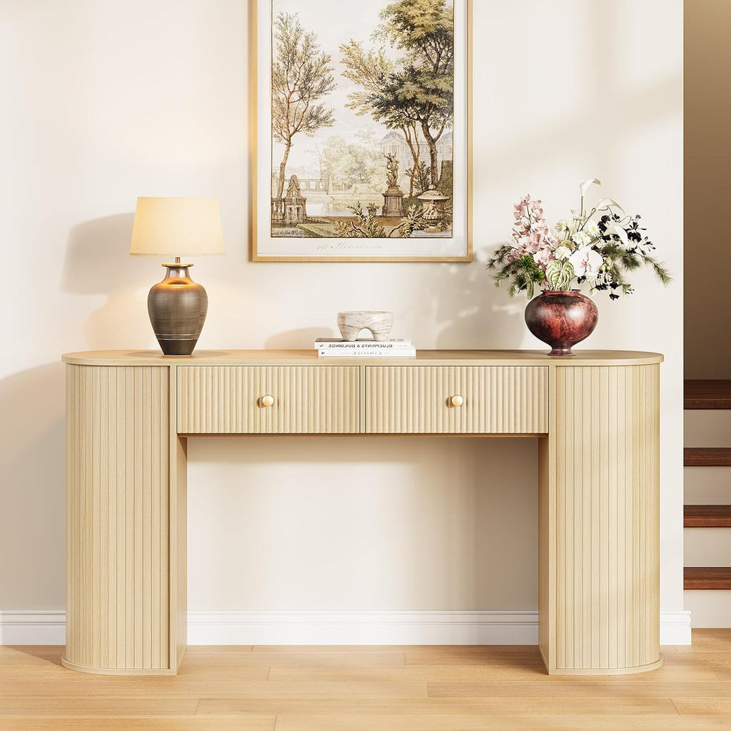 59" Fluted Console Table with 2 Drawers - Wood Entryway Table with Storage, Long Modern Sofa Tables Behind Couch with Curved Leg for Living Room, Entry, Hallway, Entrance, Foyer, Oak Natural