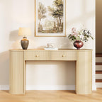 59" Fluted Console Table with 2 Drawers - Wood Entryway Table with Storage, Long Modern Sofa Tables Behind Couch with Curved Leg for Living Room, Entry, Hallway, Entrance, Foyer, Oak Natural
