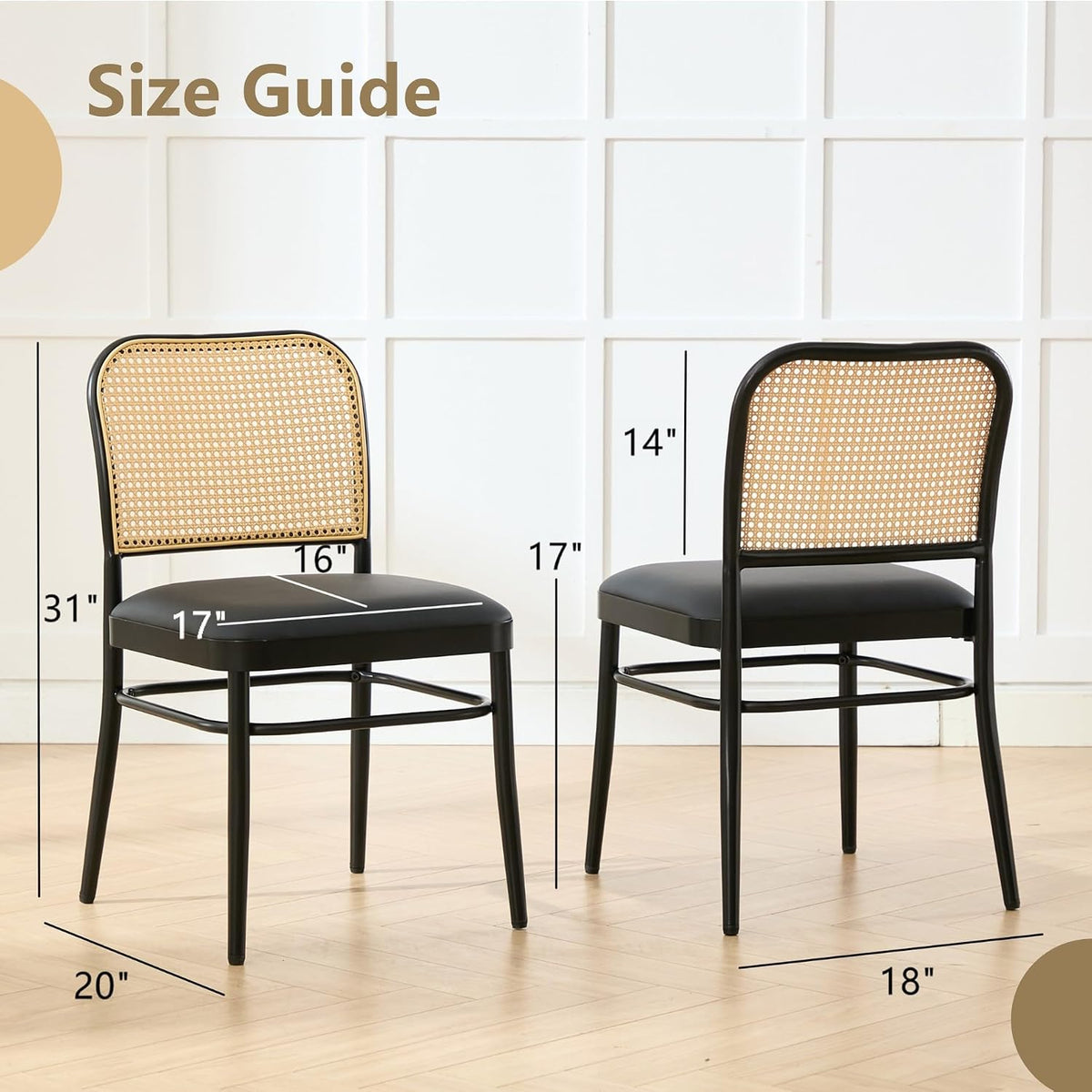 Rattan Dining Chairs Set of 4, Mid-Century Modern, Black | Cane Back Design, Faux Leather Upholstery, Boho Style, Comfortable Padded Seat, 350 LBS Weight Capacity