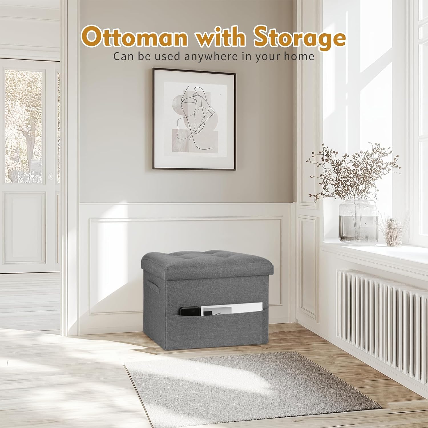 Storage Ottoman with Extra Thick Foam Padded Seat, Foldable Foot Rest Stool with Linen Fabric, 43L Ottoman with Storage Bench for Bedroom Living Room, Holds Up to 300lbs, 17x13x13in, Dark Gray