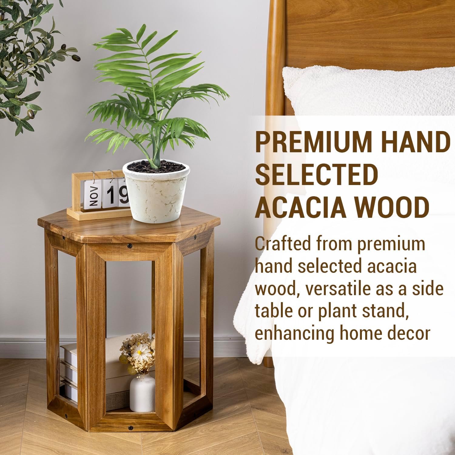 MyGift Hexagon Acacia Wood End Table with Shelf – 20-Inch Tall Small Side Table for Living Room or Bedroom
