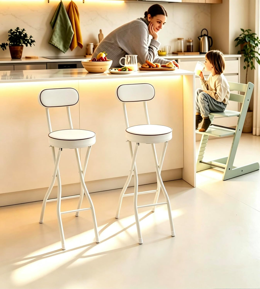 Set of 2-Folding Bar Stool Chair W/Back,Tall Foldable Chair Leather Padded | Counter Height Collapsible Stool for Adults Kitchen Island Guitar Shop Cafe Bar-White