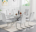 Modern Glass Dining Table Set for 6, Silver Glass Kitchen Table and Chairs Set, 7 Piece Dining Room Table Set with 51" Rectangle Dinner Table and 6 White Leather Dining Chairs