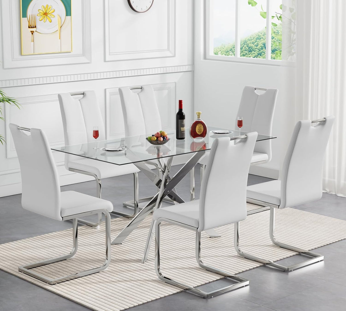 Modern Glass Dining Table Set for 6, Silver Glass Kitchen Table and Chairs Set, 7 Piece Dining Room Table Set with 51" Rectangle Dinner Table and 6 White Leather Dining Chairs