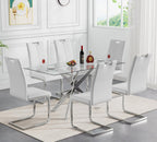 7 Piece Glass Dining Table Set, Glass Kitchen Dining Room Table Set for 6, 61" Modern Rectangular Silver Glass Metal Dining Table with 6 White PU Leather Dining Chairs for Kitchen Dining Room