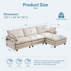 102'' L-Shaped Cloud Couch Sectional Sofa for Living Room, Beige | USB Charging Ports, Foldable Side Table, Movable Ottoman, Comfy Chenille Deep Seat