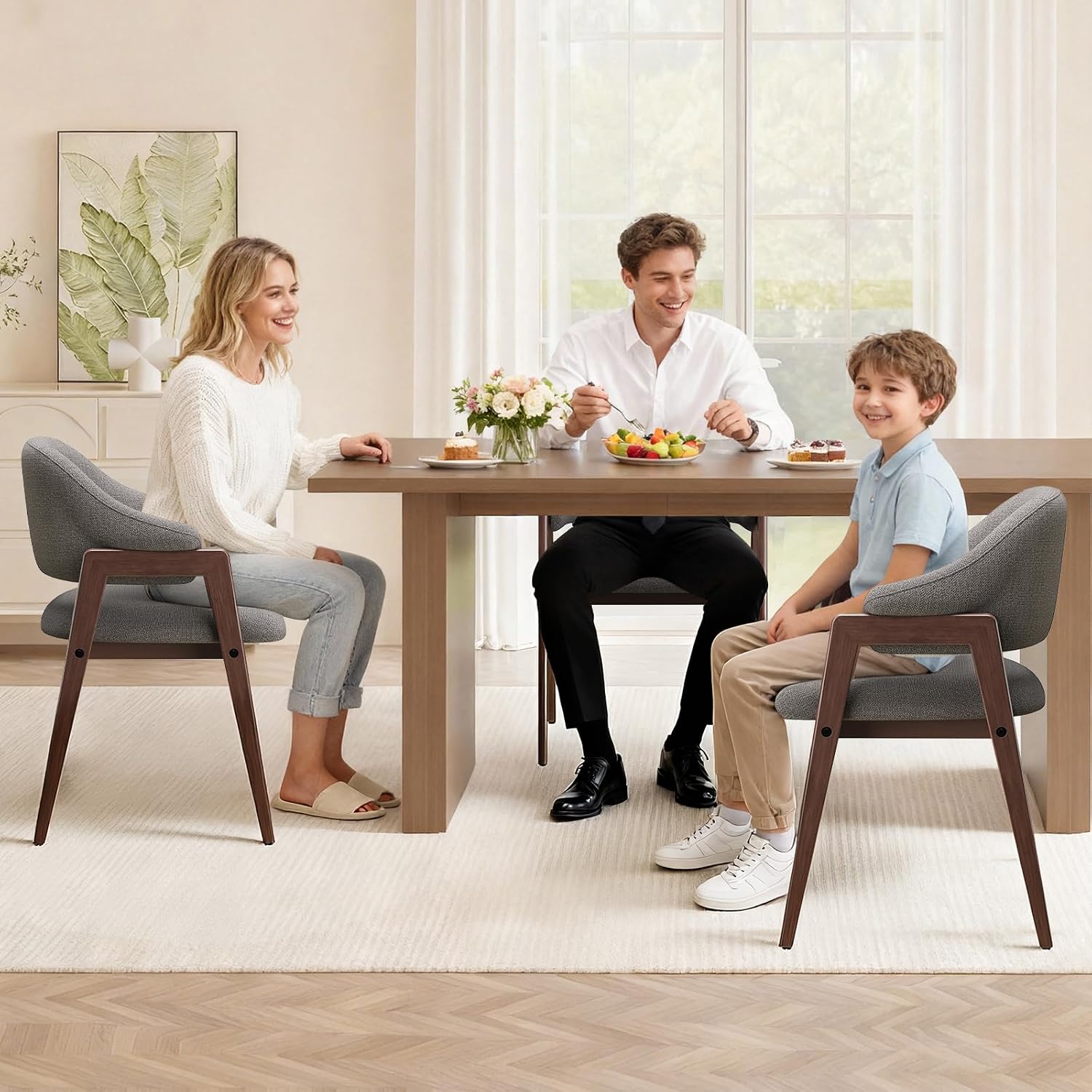 MALOL Wooden Dining Chairs Set of 4, Modern Fabric Upholstered Dining Room Chair, Kitchen Side Chairs, Farmhouse Dinner Chair with Curved Open Back for Kitchen, Grey
