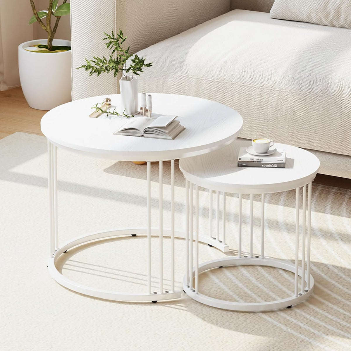 Garden 4 you Nesting Coffee Table, 23.6" Round Coffee Table Set of 2, Wooden Nesting Table with Metal Frame, Ceter Tables for Living Room Bedroom Balcony, White
