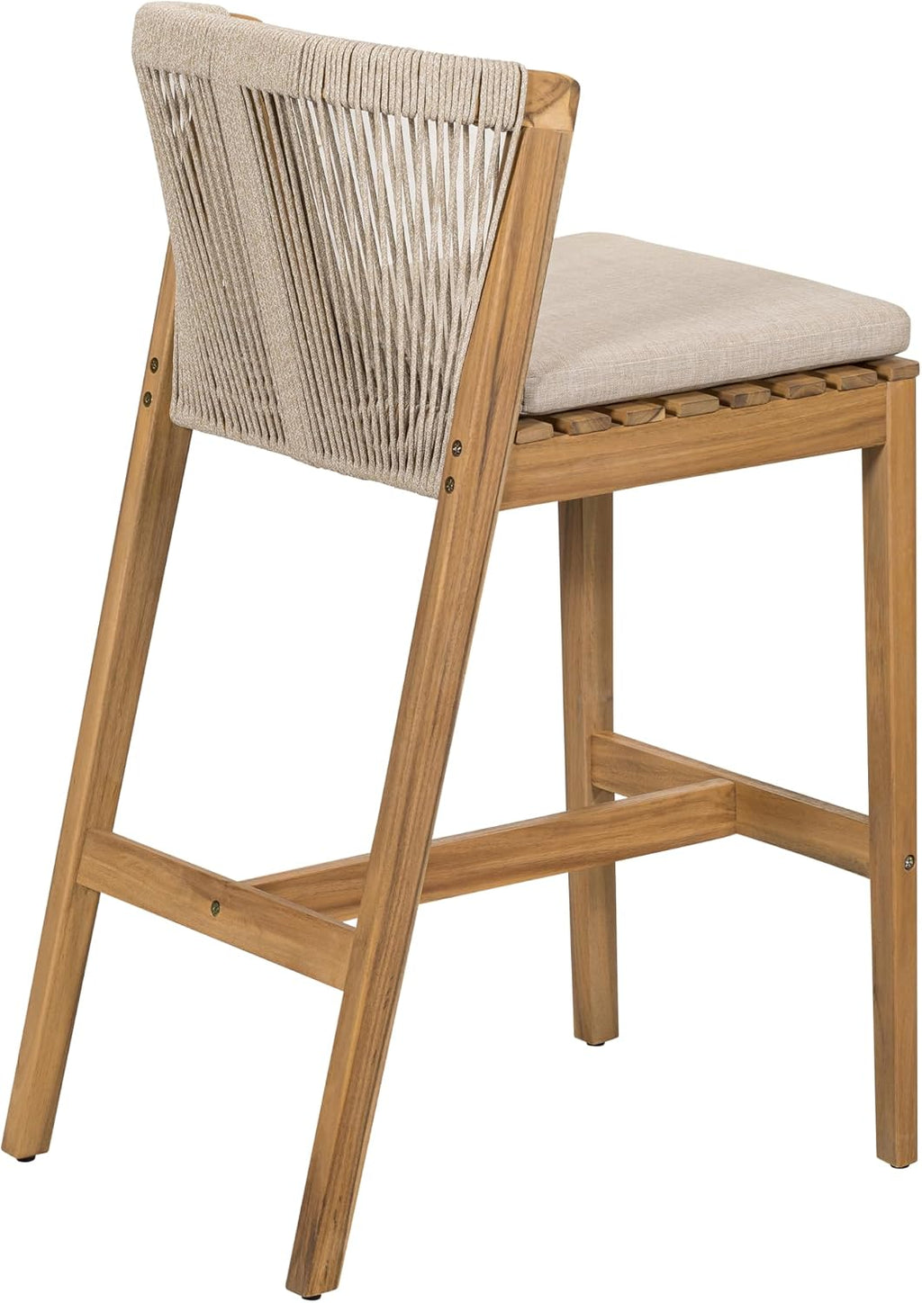 Christopher Knight Home Cuz Patio Barstool Set of 2, Outdoor Counter Height Stool with Sturdy Acacia Wood Frame and Rope Backrest, Bar Stool with Seat Cushion for Backyard Garden, Beige + Teak