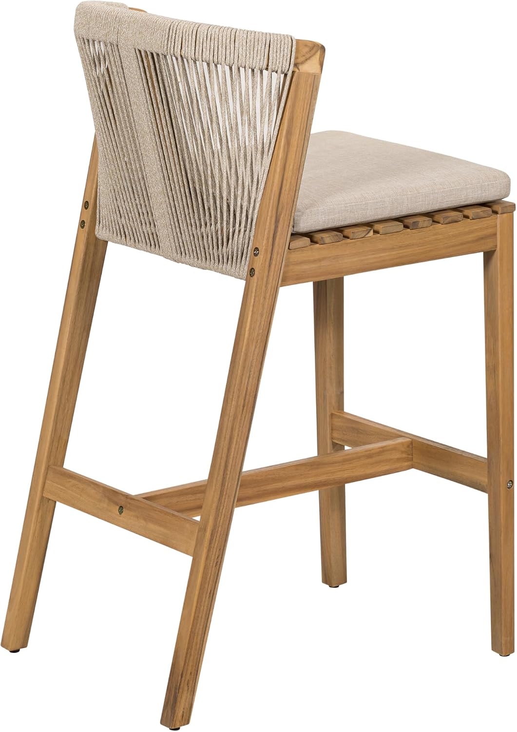 Christopher Knight Home Cuz Patio Barstool Set of 2, Outdoor Counter Height Stool with Sturdy Acacia Wood Frame and Rope Backrest, Bar Stool with Seat Cushion for Backyard Garden, Beige + Teak