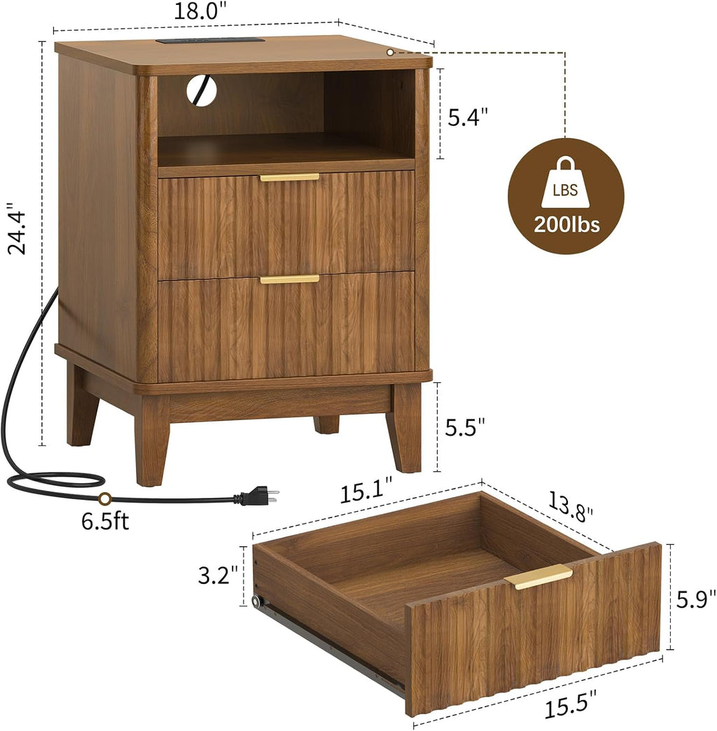 Night Stand Set of 2 with Charger Station, Fluted Nightstand with Drawers and Storage Shelf, Mid Century Modern Bedside Table Nightstands, Large Bed Side Table Wood Night Stands for Bedroom