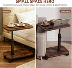 Adjustable TV Tray Side Table 360°Swivel Rolling, Rustic Brown | Adjustable Height, C Shaped, Snack End Table, Wheels, Tablet Slot, Slide Under Sofa, For Small Spaces Living Room Couch Bed