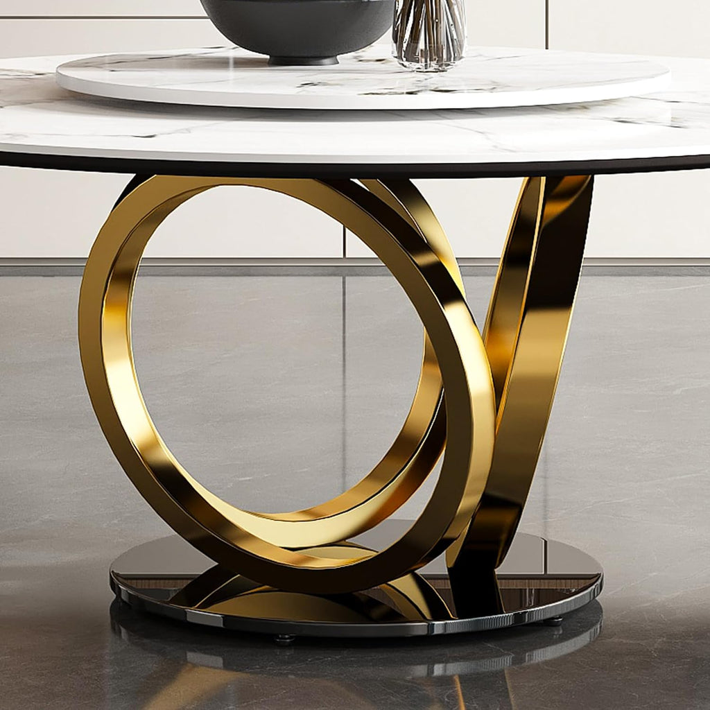 Montary 59” Modern Round Dining Table for 6-8 Seat, Artificial Marble Dining Room Table with Lazy Susan, 3 Gold Circles Stainless Steel Base, Sintered Stone Top Dining Table (Only Table)