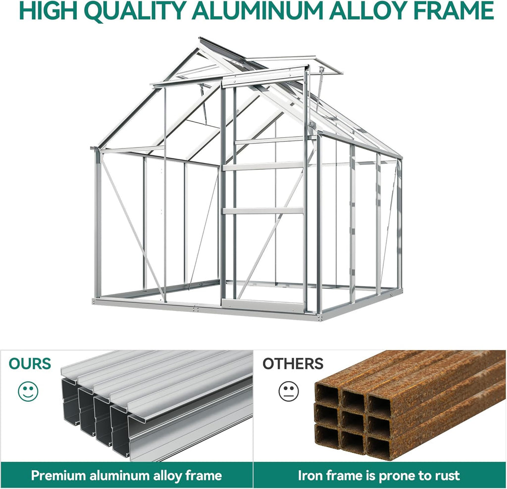 YITAHOME 6x6FT Polycarbonate Greenhouse Heavy Duty Green Houses Outdoor Greenhouses Aluminum Sliding Doors Vent Window Large Sun House for Garden Backyard, Silver