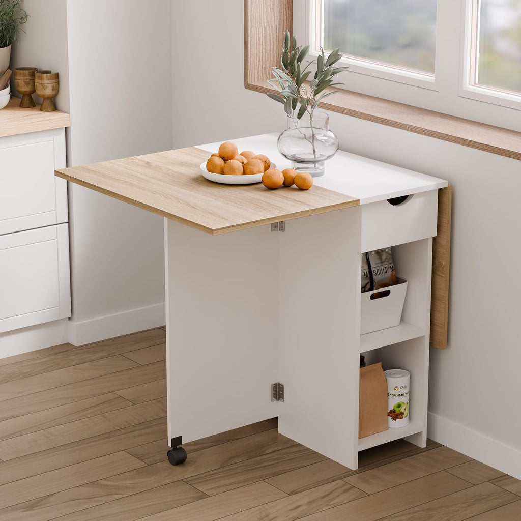Mondeer Folding Dining Table with Drawer and Shelves, Oak & White | Drop Leaf Kitchen Table with 1 Drawer and 2 Storage Shelves in Modern Style for Small Spaces and Seats 4-6 People.