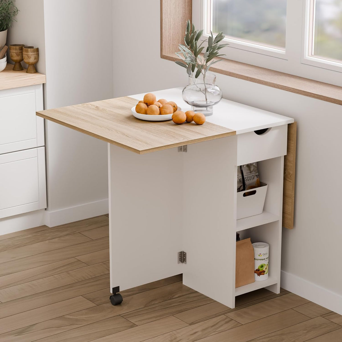 Mondeer Folding Dining Table with Drawer and Shelves, Oak & White | Drop Leaf Kitchen Table with 1 Drawer and 2 Storage Shelves in Modern Style for Small Spaces and Seats 4-6 People.