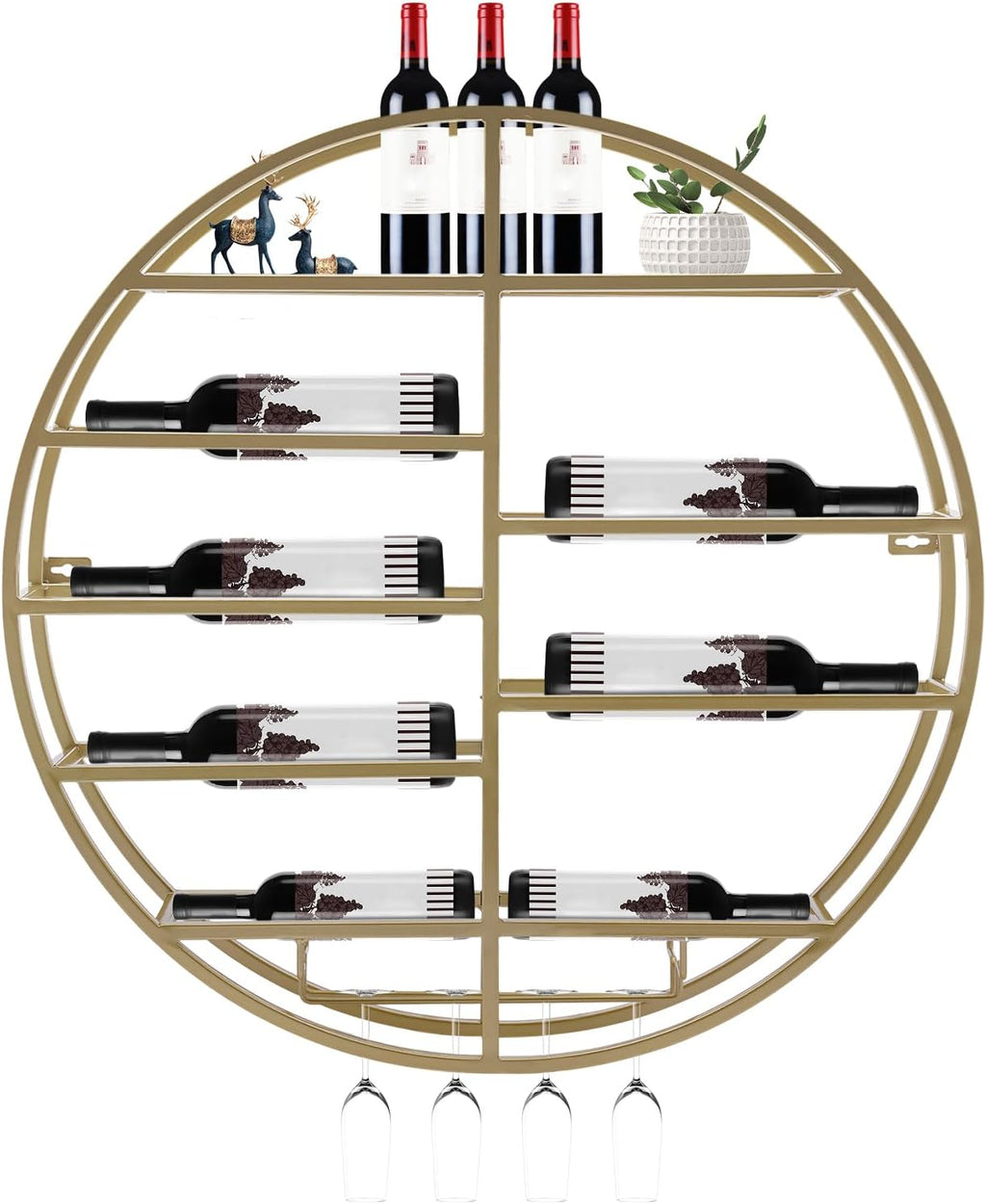 Wall Mounted Wine Rack with Glass Holder, Gold Metal Bottle Holder Round Wine Storage Display Rack for Restaurants Bar Dining Room Kitchen