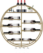 Wall Mounted Wine Rack with Glass Holder, Gold Metal Bottle Holder Round Wine Storage Display Rack for Restaurants Bar Dining Room Kitchen