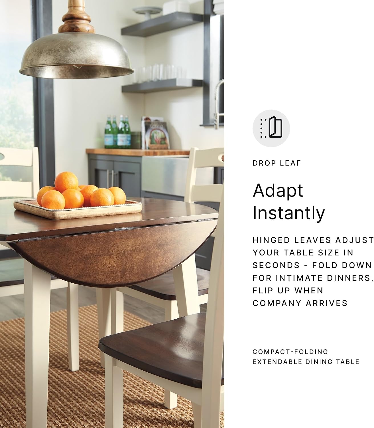 BOWERY HILL Round Drop Leaf Dining Table, 40" Wood, Cream and Brown Two-Tone Finish, Modern Cottage Style, Compact Kitchen or Dining Room Table