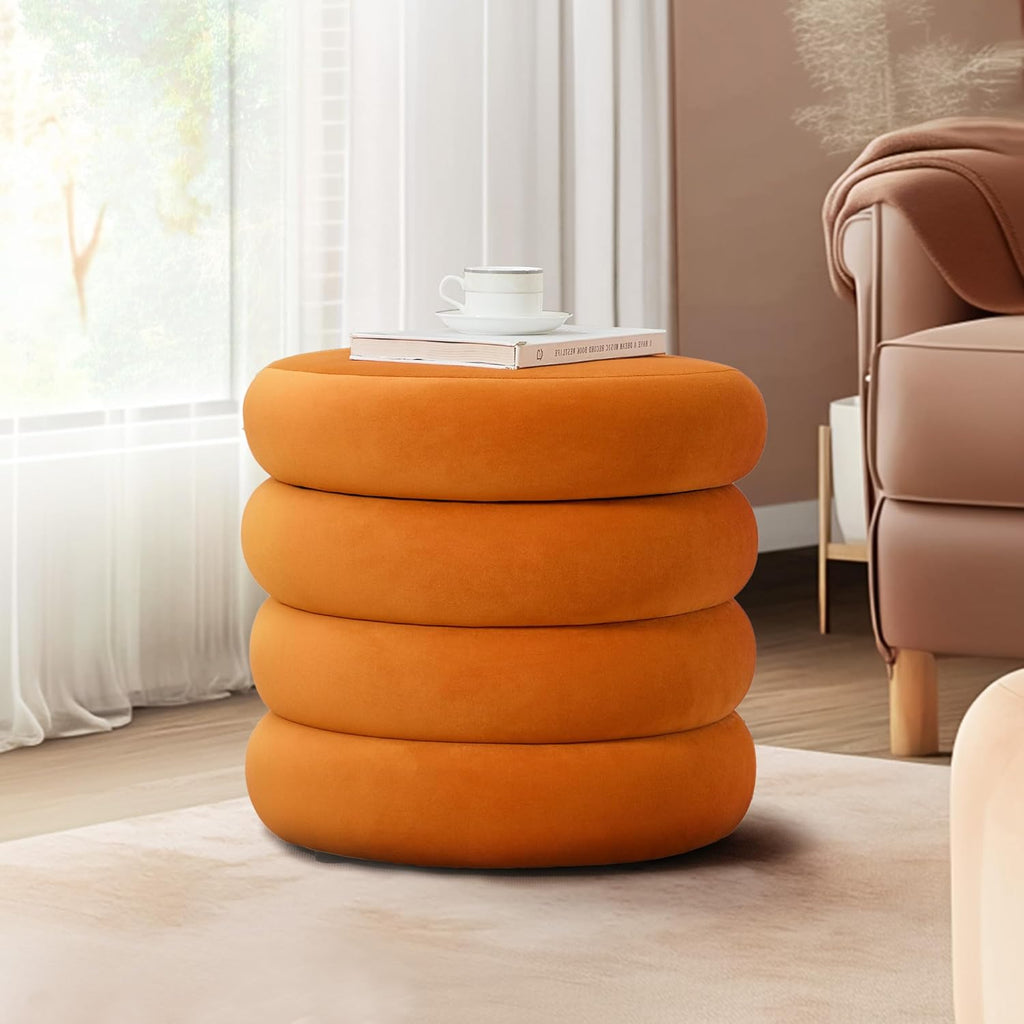 19.5 Inch Round Storage Ottoman, Modern Velvet Ottoman Coffee Table with Removable Top, Orange Vanity Stool with Storage for Bedroom, Living Room, Dorm, Set of 2