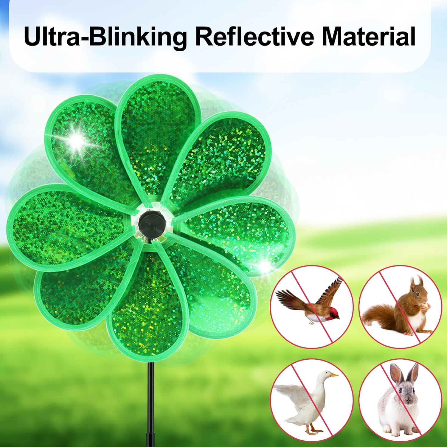 4PCS Flower Wind Spinner Sparkly Lawn Pinwheel 11.8 inch Green Garden Windmill for Christmas Garden, Party, Outdoor,Yard Decor