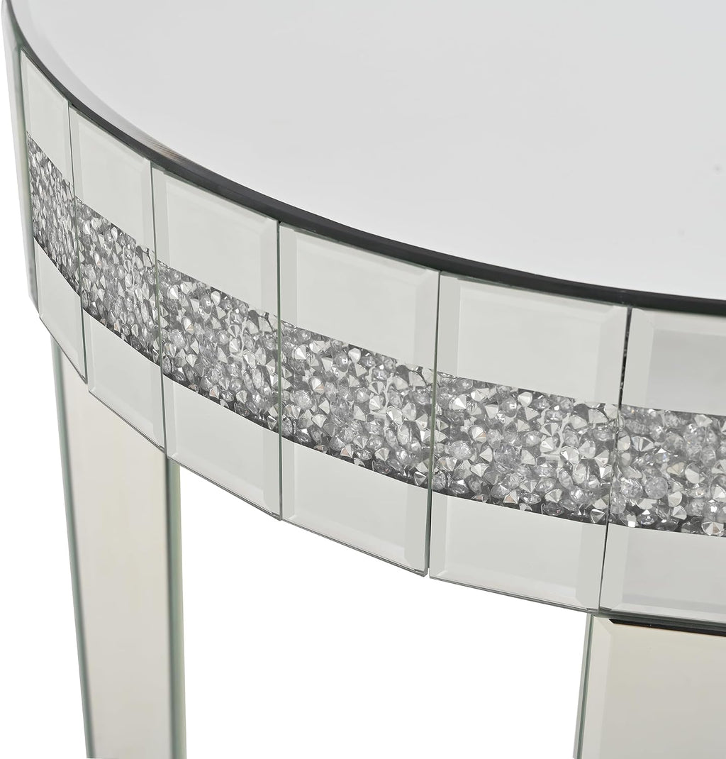 19.7" Mirror Side Table Round End Table with Crushed Diamond and Glass Top, Silver Coffee Table for Living Room, Bedroom, Sofa, Corner